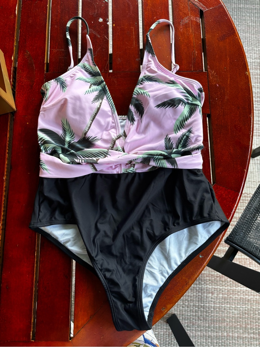 Womens Pink Palm-Print One-Piece Swimsuit with Black Bottom